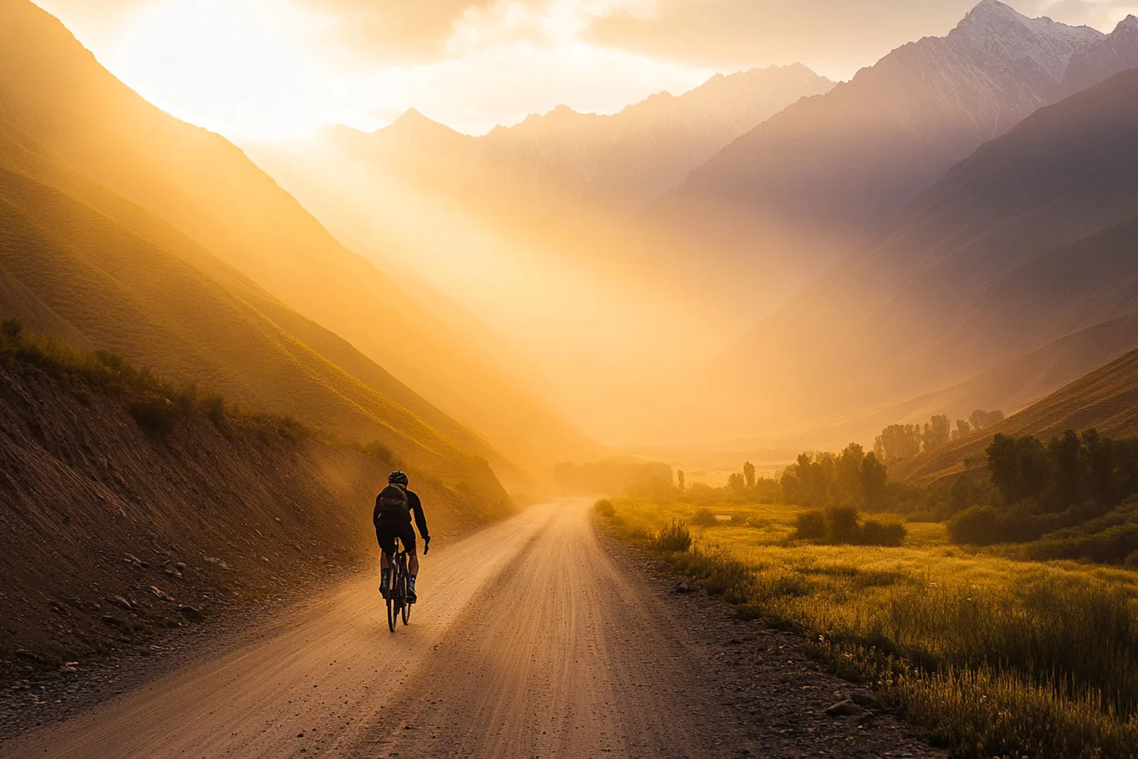 Cycliste sur une route de montagne au lever du soleil
